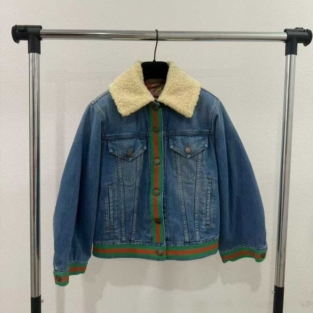 NWT Authentic Gucci Shearling-Collar Quilted Denim Jacket
